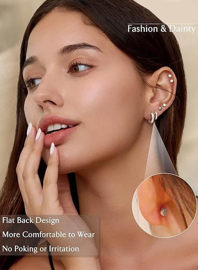 YSR VEF 11Pairs Hypoallergenic Stud Hoop Earrings for Women Small Flat Back Surgical Stainless Steel Earrings for Sensitive Ears Trendy Silver Hoops Cartilage Earring Stacks Set Multiple Piercing Jewelry Gifts - Image 2